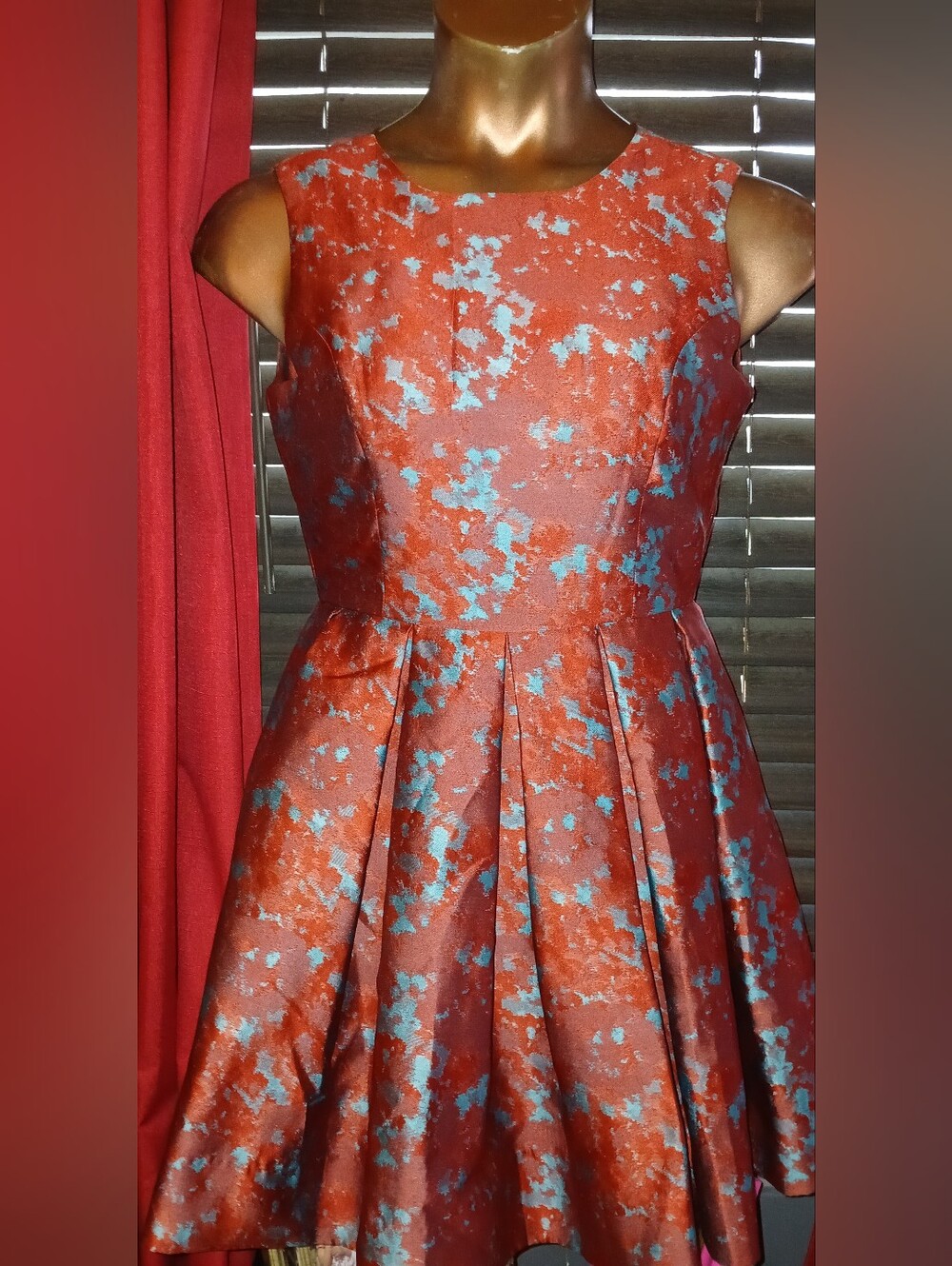 BB Dakota Rust and Aqua Floral Jacquard Fit-and-Flare Dress